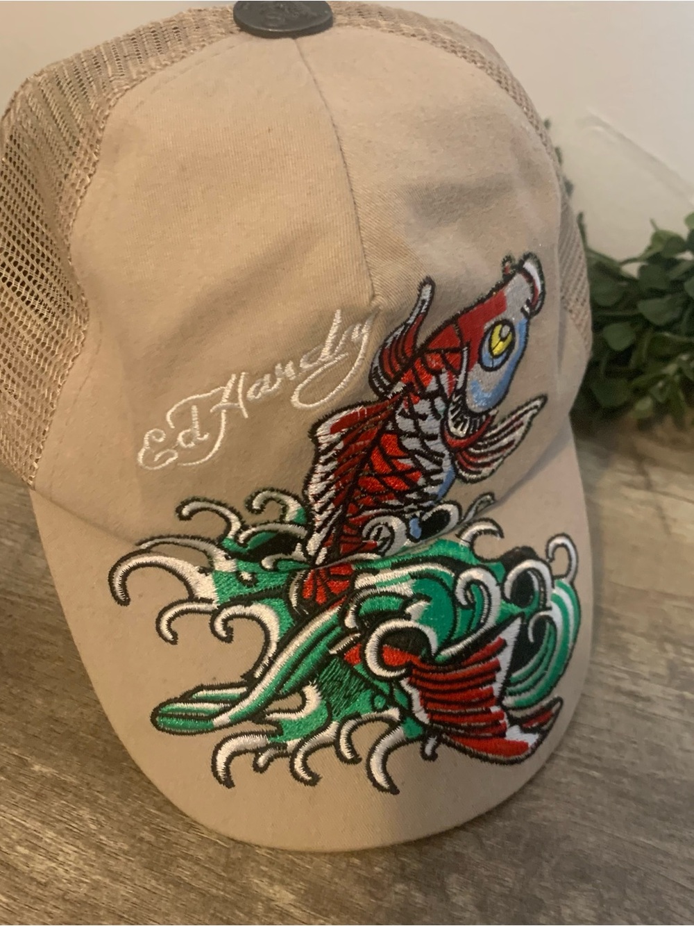 Ed Hardy Tan Trucker Cap with Red Koi & Green Wave Embroidery Vintage Tatoowear